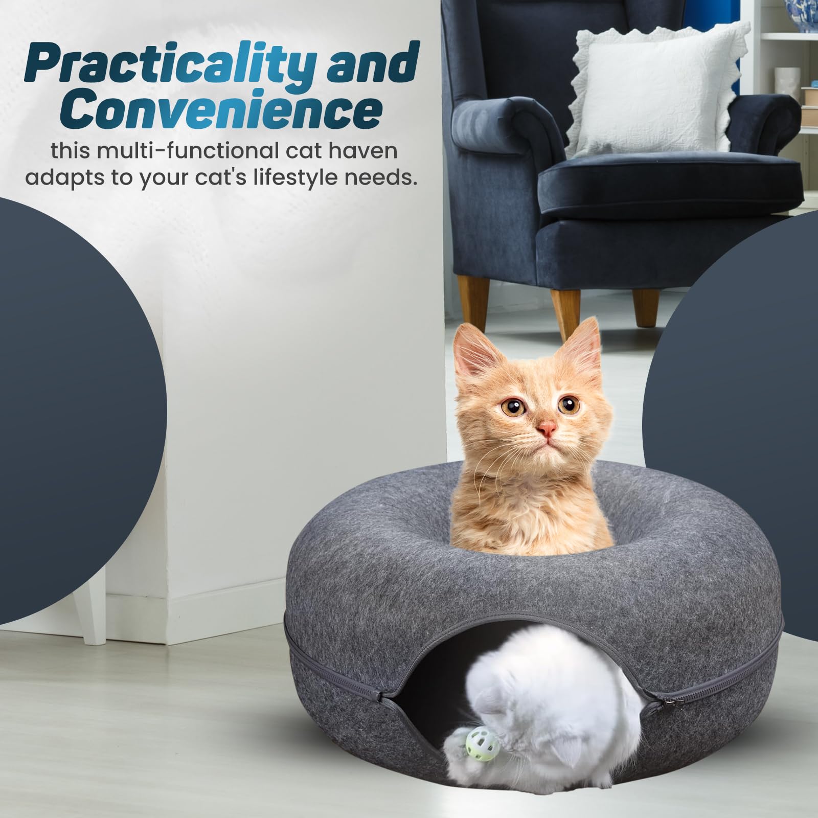 Peekaboo Large Cat Cave & Donut Bed - Scratch-Resistant, Washable Cat Tunnel Bed For Large Indoor Cats Up To 30 Lbs. (Dark Gray)
